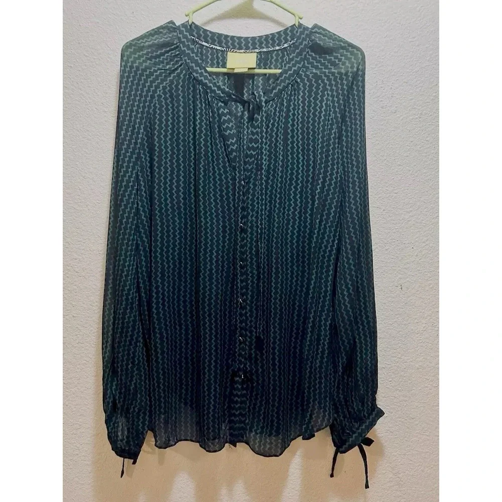 MAEVE Anthropologie Women's XL Viscose Sheer Blouse GREEN &‎ BLUE L/S